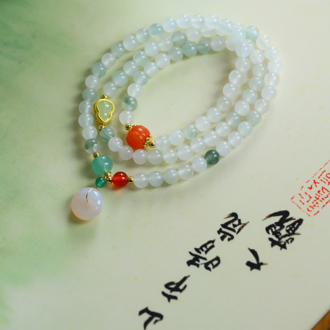 天山翠多圈手串配金丝玉南瓜盐源玛瑙平安扣东陵玉老型珠女款手串