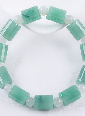 天然缅甸翡翠A货冰糯种豆绿飘蓝花男女情侣款玉石手链手串礼品戴