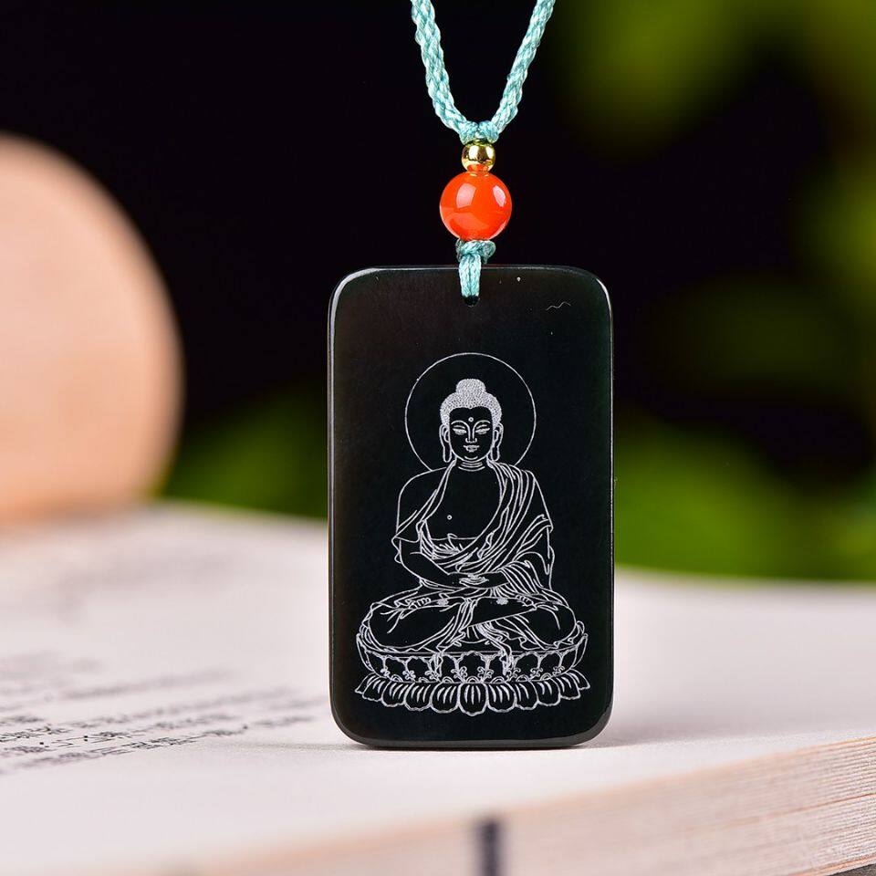 天然新疆和田玉青玉释迦摩尼佛牌玉佩吊坠民族风雕刻项链颈饰挂件