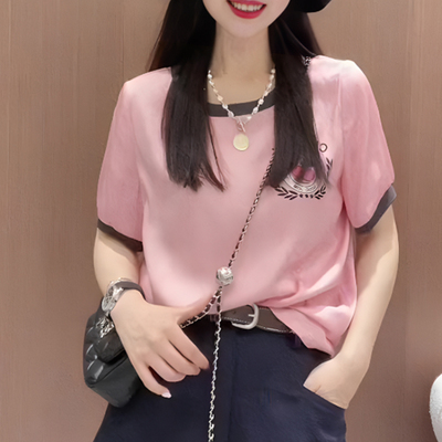 欧货高端大牌粉色圆领短袖T恤女夏2025新款简约宽松刺绣大码上衣