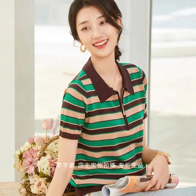 短袖薄天丝条纹镂空凉爽女T恤