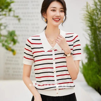 短袖天丝方领亮片镂空凉爽女T恤