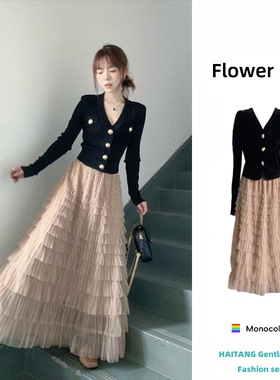 小香风高腰蛋糕长裙A字半身裙女春季过膝仙女网纱裙子ins风两件套