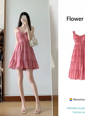 法式复古大裙摆红色吊带裙女夏减龄显白小个子气质仙女度假连衣裙