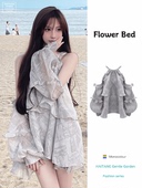 小众高级感挂脖上衣 新款 甜辣少女设计感露肩灰色木耳边衬衫 女夏季