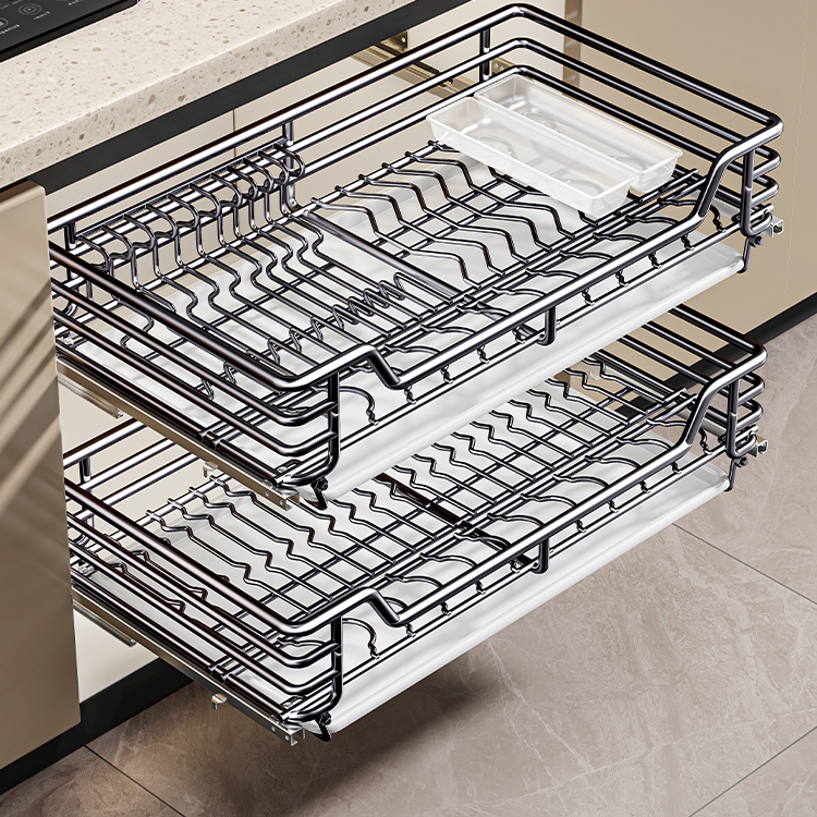 拉篮厨房橱柜双层抽屉式304不锈钢调味碟碗篮内置橱柜收纳碗碟架