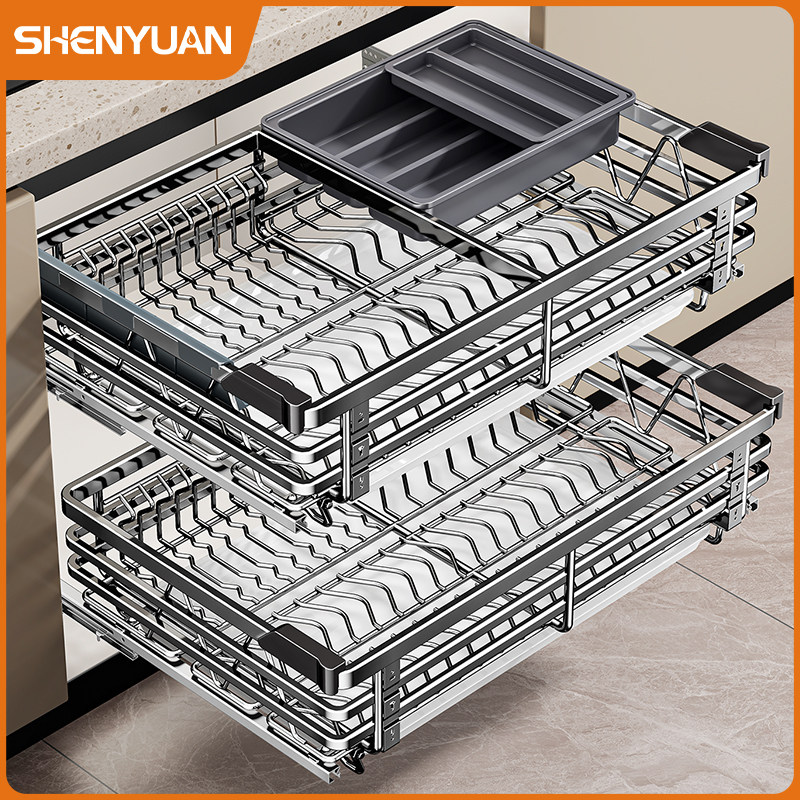 拉篮厨房整体橱柜304不锈钢碗篮碗碟双层抽屉式内置调料碗盘柜抽,家装主材,拉篮,淘宝优惠券,粉丝福利购,淘宝优惠卷