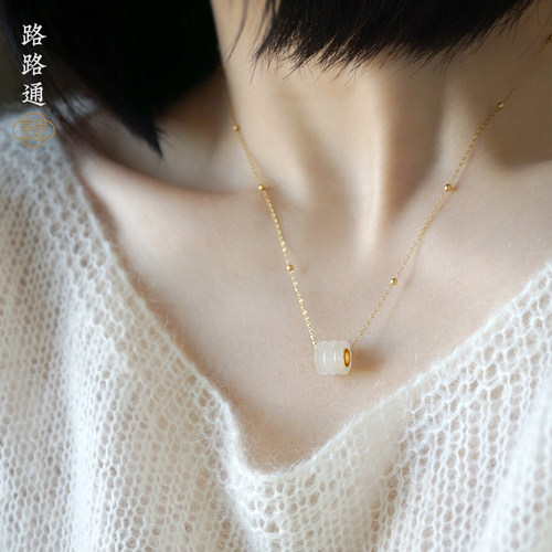 良器艺术| 和田玉羊脂白玉吊坠女 24K金路路通锁骨链项链