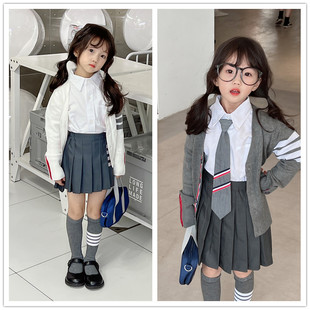 2025春秋装新款女童学院风四条杠针织开衫男童休闲毛衣白色外套潮