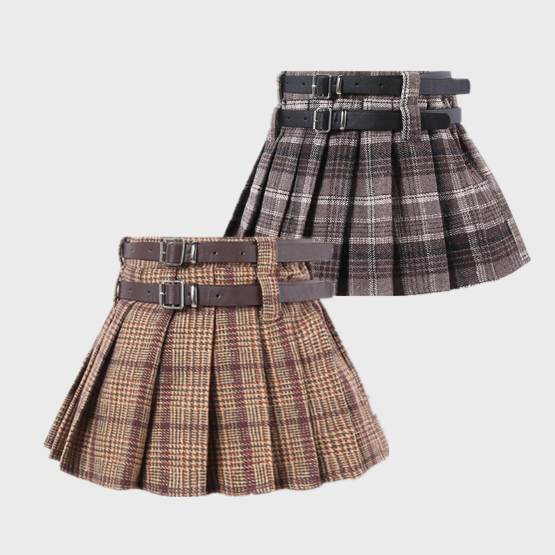 秋冬装美拉德女童百褶裙毛呢格子双皮带儿童短裙半身裙学院风裙子