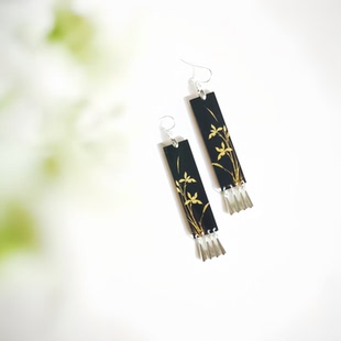 长方形黑金耳环新中式国风兰花耳饰原创设计小众复古艺术耳环耳夹