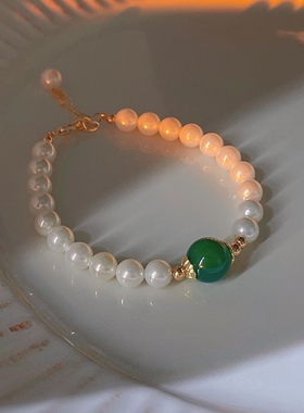 白贝珠绿玛瑙圆珠手链女显白显瘦单圈国风手串复古新中式简约百搭