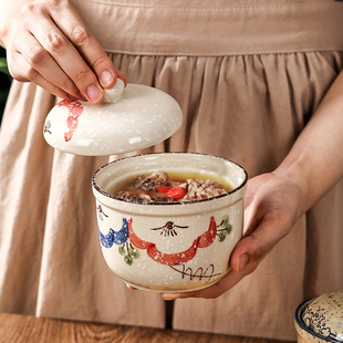 日式复古家用陶瓷隔水炖汤盅粗陶汤罐瓦罐陶罐小炖罐碗罐盅蒸炖盅