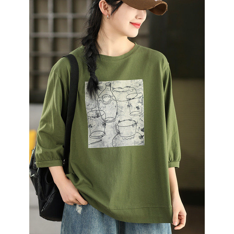 柒白2026春夏新款简约休闲高档全棉印花上衣女慵懒宽松显瘦套头衫