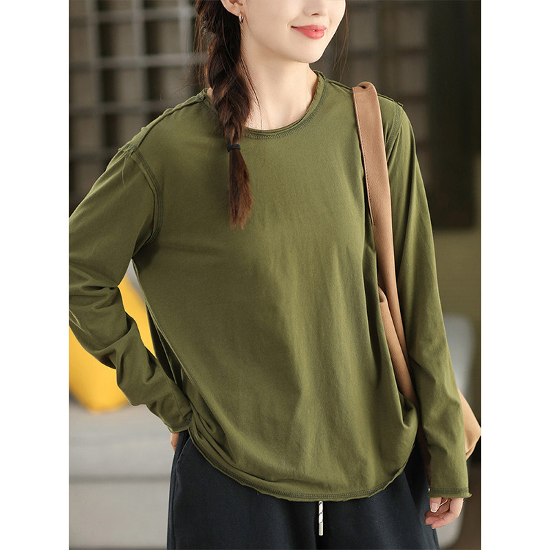 柒白2026春季新款简约高档全棉宽松卷边套头衫休闲显瘦内搭上衣女