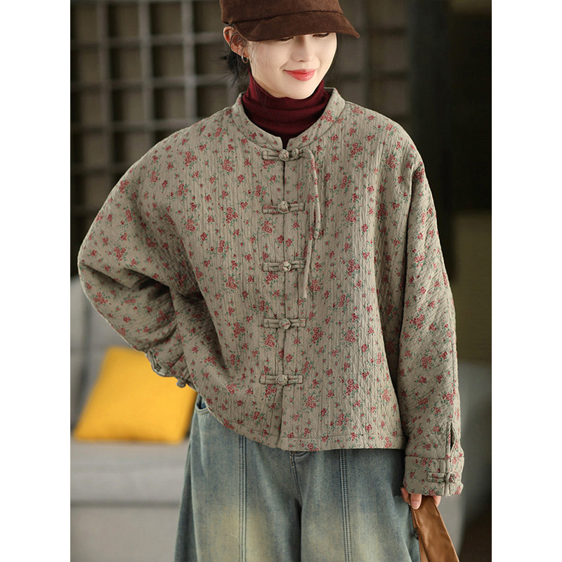柒白秋冬国风印花盘扣薄棉外套
