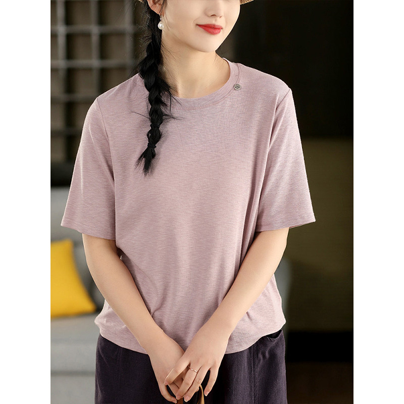 柒白2026春夏新款简约休闲纯色弹力棉质上衣文艺显瘦内搭套头衫女