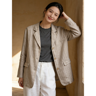 柒白2026春季 文艺挺阔条纹高档亚麻西装 外套气质通勤显瘦开衫 新款