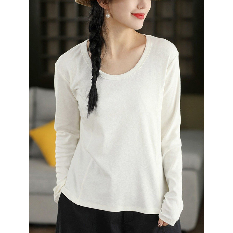 柒白2026春季新款简约弹力竹节棉修身套头衫气质拼接显瘦内搭上衣