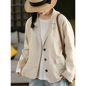 气质通勤高档敦实亚麻小西装 柒白2026春季 新款 女文艺宽松显瘦外套