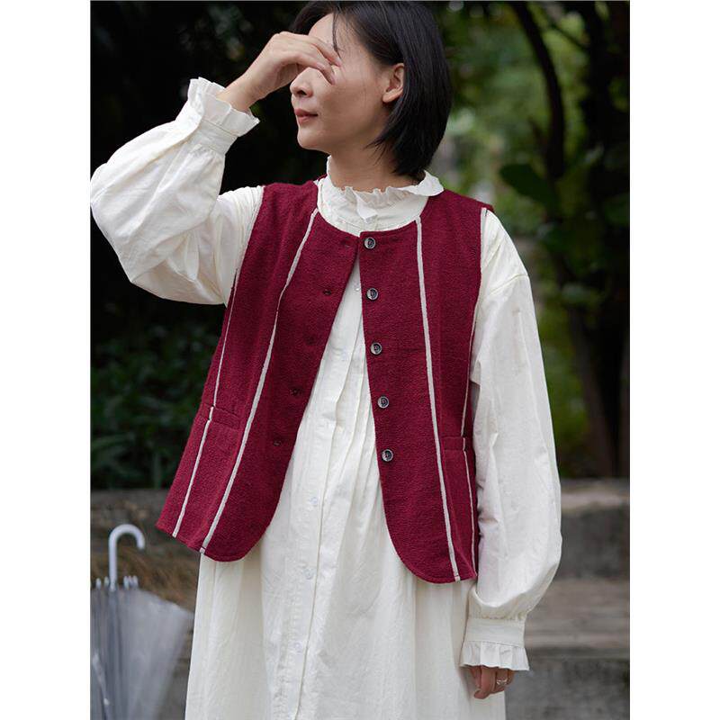 2025新款春秋森系文艺条纹羊毛呢马甲气质宽松叠穿坎肩短外套