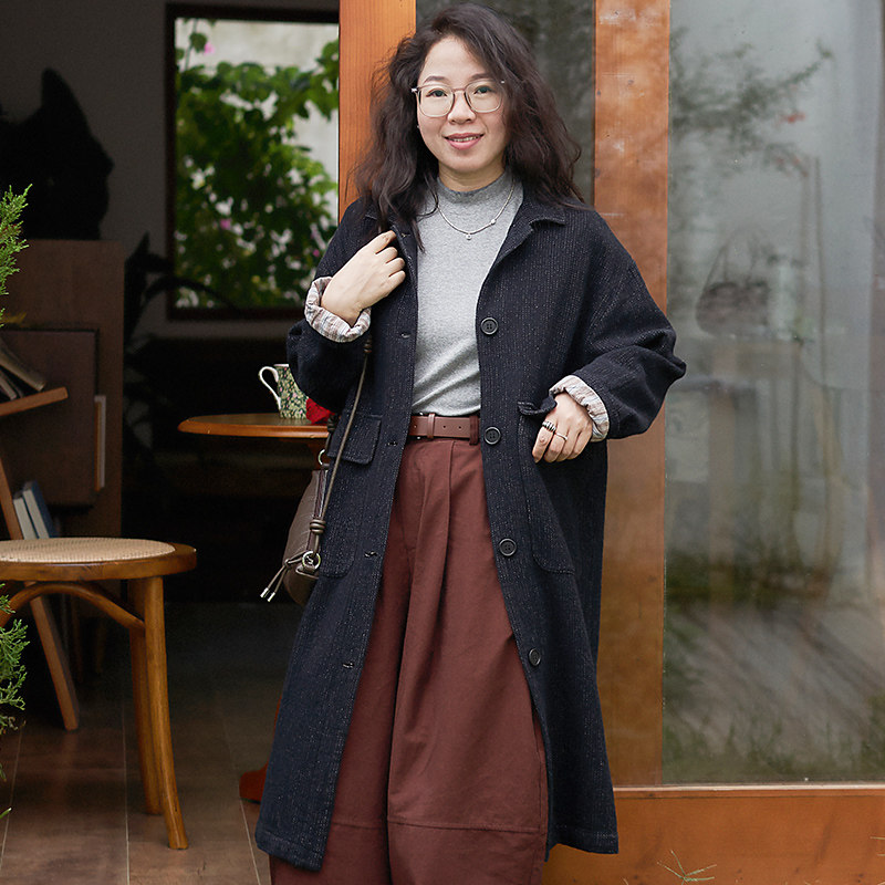 柒白风衣外套女2025春季新款日系慵懒松弛感色织棉宽松中长款大衣