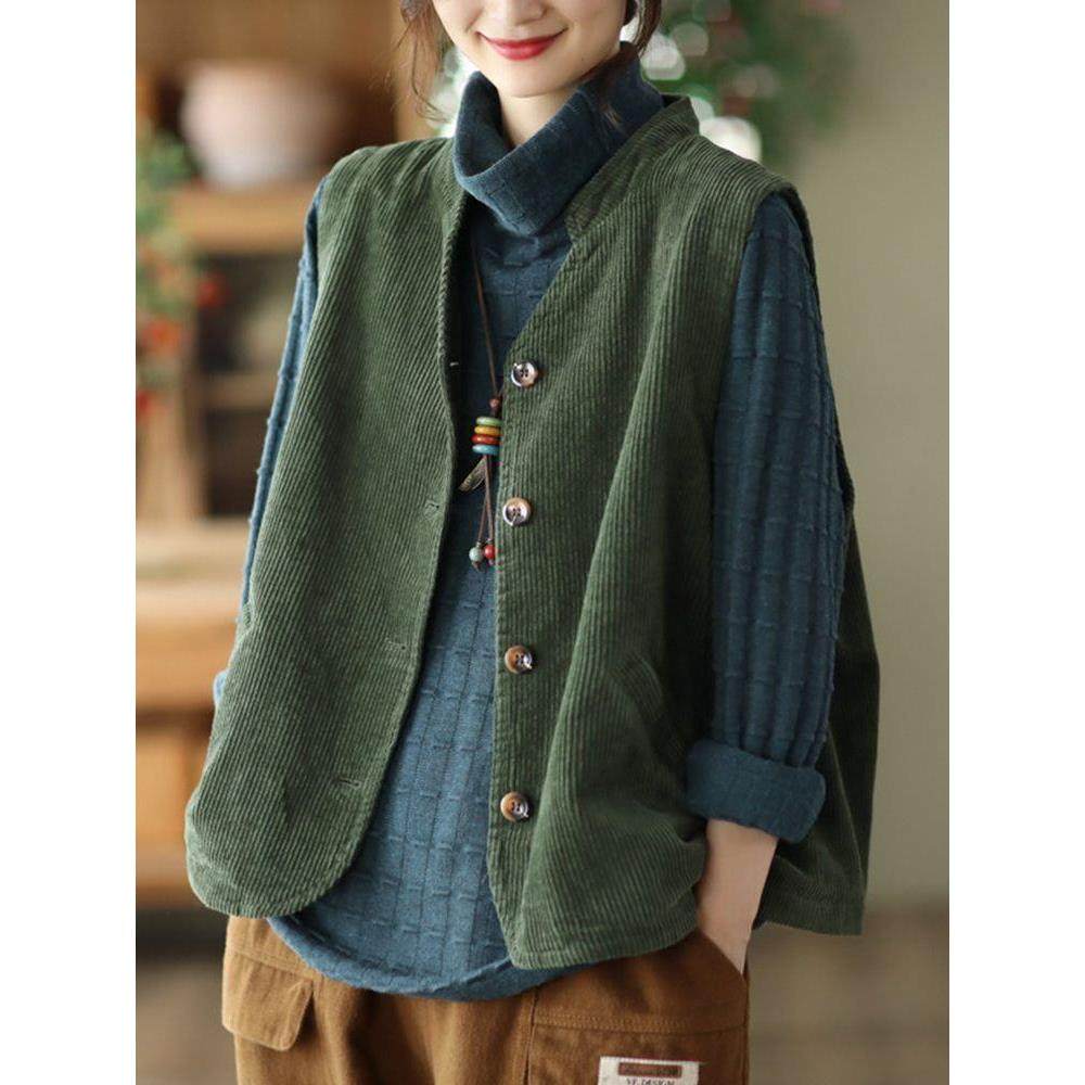 柒白2025秋季新款文艺气质灯芯绒马甲外套女简约宽松显瘦叠穿坎肩