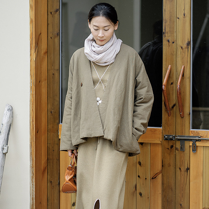 柒白亚麻棉V领斜襟宽松加厚棉服