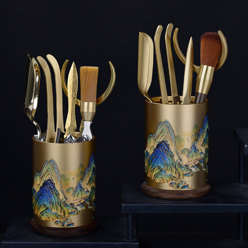 茶台用品大全功夫茶具配件茶道六君子泡茶工具黄铜套装茶桌摆件