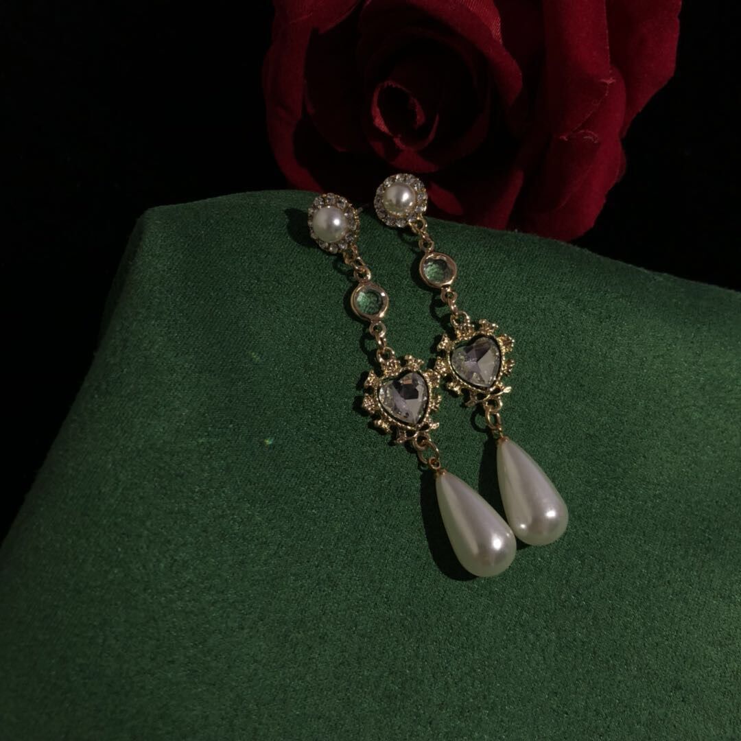 复古巴洛克长款水滴珍珠耳环爱心水钻blingbling耳环耳坠