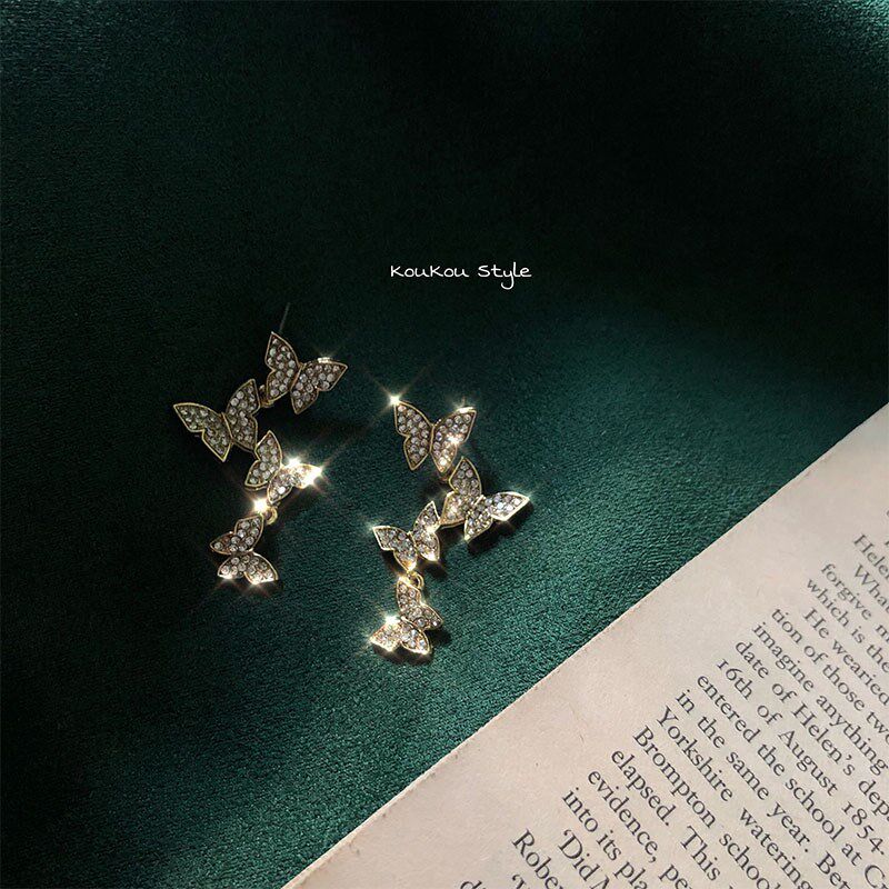 蝴蝶蹁跹 Chao闪镶钻水钻蝴蝶耳钉耳环耳坠韩国气质bling蝴蝶耳饰