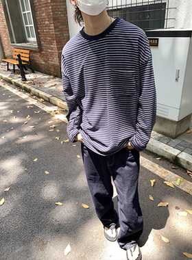 RonnShop日系宽松休闲复古条纹口袋长袖T恤