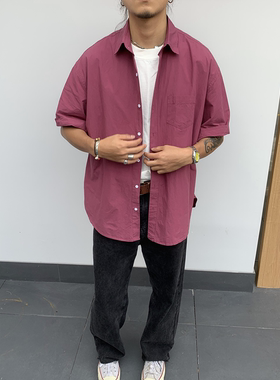 RonnShop日系宽松复古街头vintage纯色红色衬衫