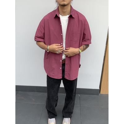 RonnShop日系宽松复古街头vintage纯色红色衬衫