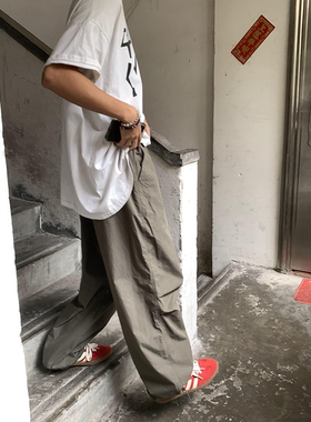 RonnShop日系街头休闲复古做旧军绿色伞兵休闲裤