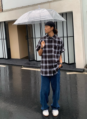 RonnShop日系美式街头宽松奇卡诺衬衫短袖T恤格子