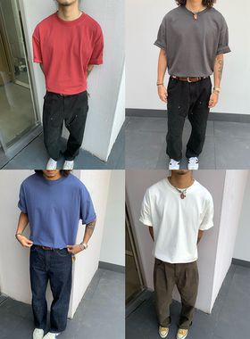 RonnShop日系宽松潮流复古街头四色水洗做旧320g纯色打底短袖