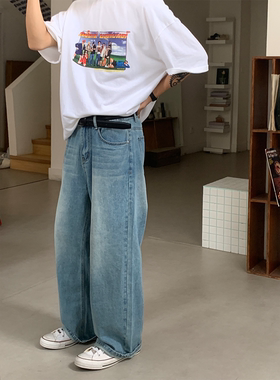 RonnShop日系宽松休闲复古浅蓝色牛仔长裤