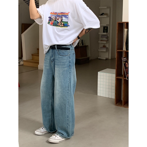 RonnShop日系宽松休闲复古浅蓝色牛仔长裤 - 封面