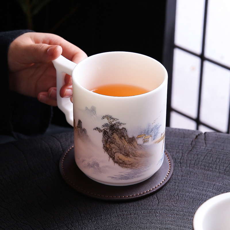 手绘羊脂玉茶杯陶瓷杯带盖子白瓷茶水分离过滤办公室大容量水杯定