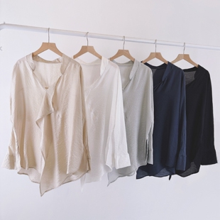 男女同款宽松V领不对称飘逸现代舞衬衫舞蹈服上衣衬衣演出服