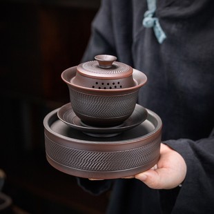 紫陶复古三才盖碗泡茶碗茶杯紫砂功夫茶具家用半手工壶承防烫
