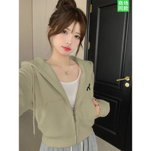 NY美式复古高街连帽短款卫衣女春秋纯色薄款外套chic慵懒开衫上衣