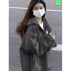 NY宽松连帽纯棉卫衣2024新款外套女灰色美式拉链开衫上衣春秋款