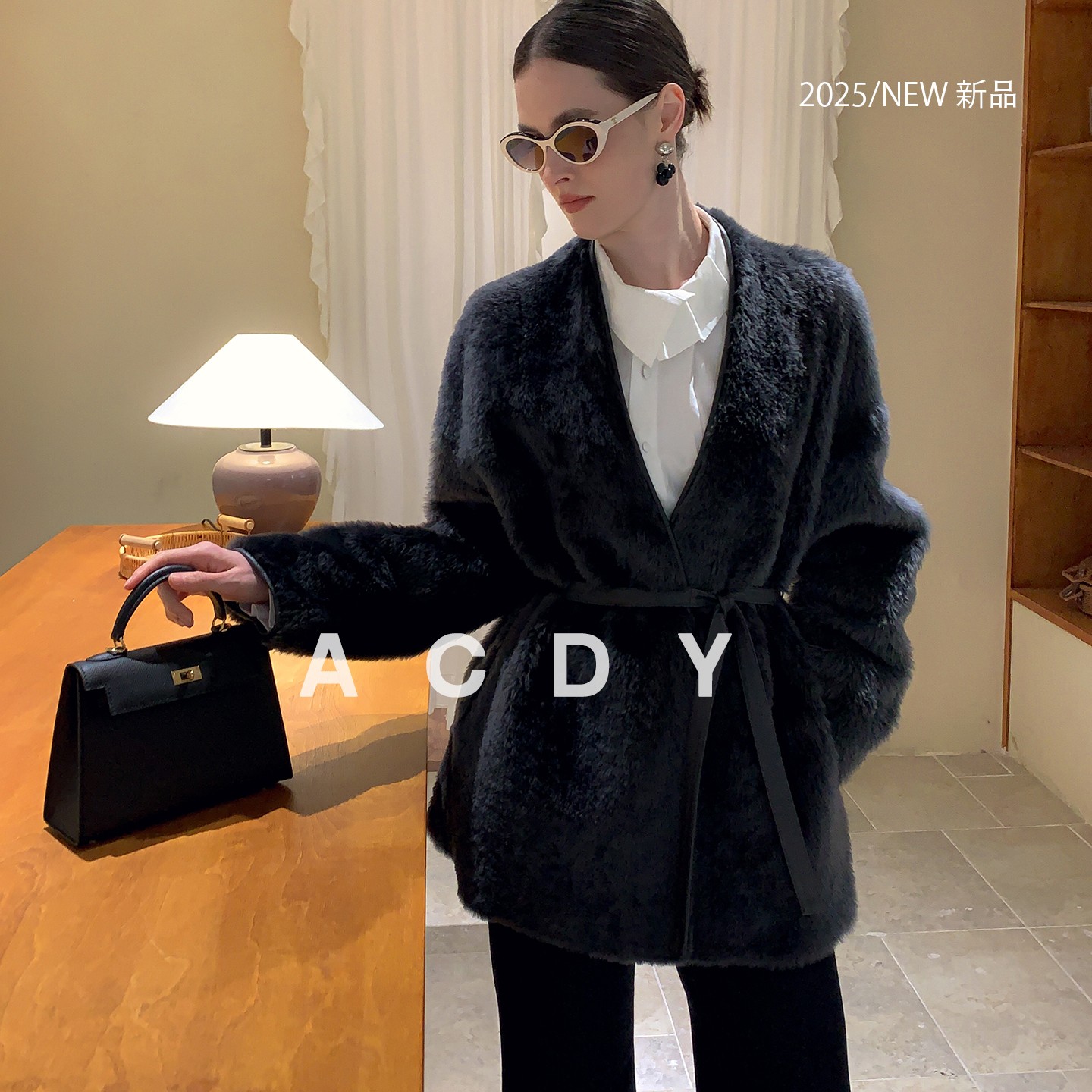 ACDY【名流华彩·老友记】皮毛一体外套女中长款系带收腰拉贡大衣