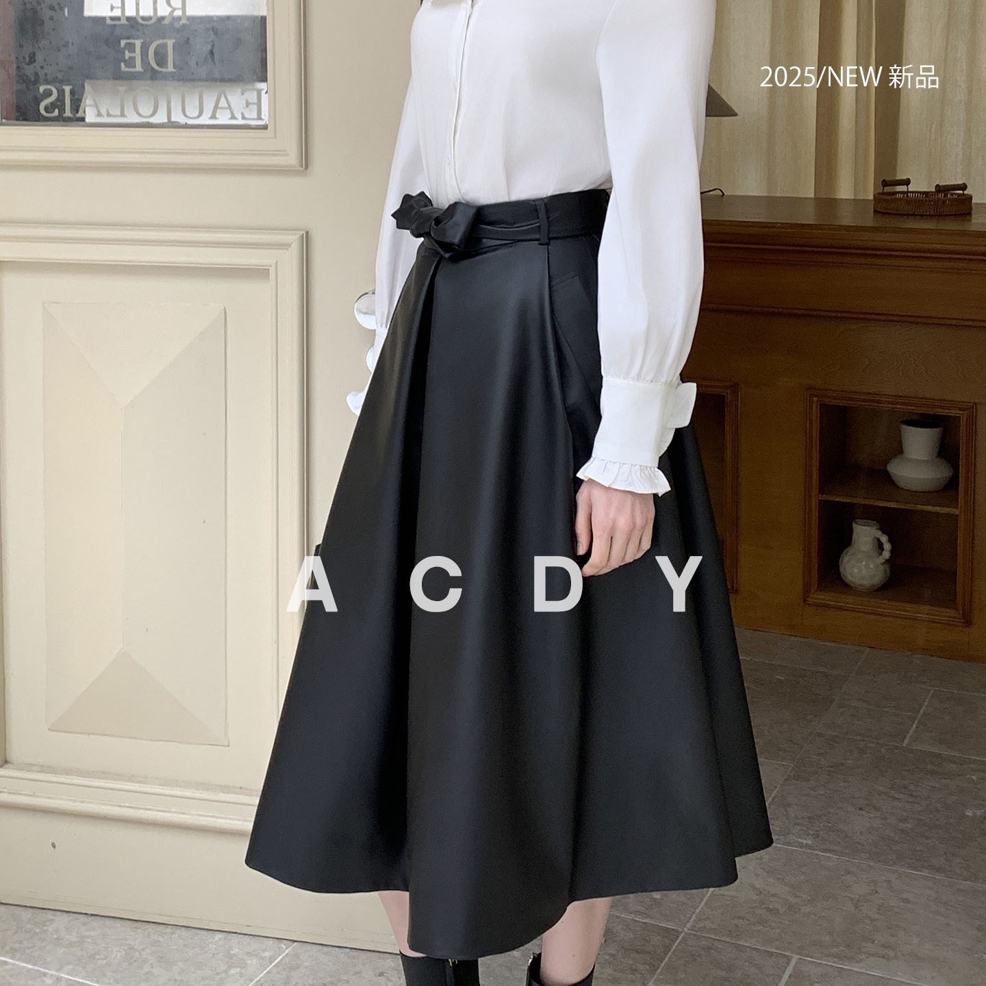 ACDY【圆梦赫本】高腰黑色A字半身裙女中长款大摆气质极简风伞裙