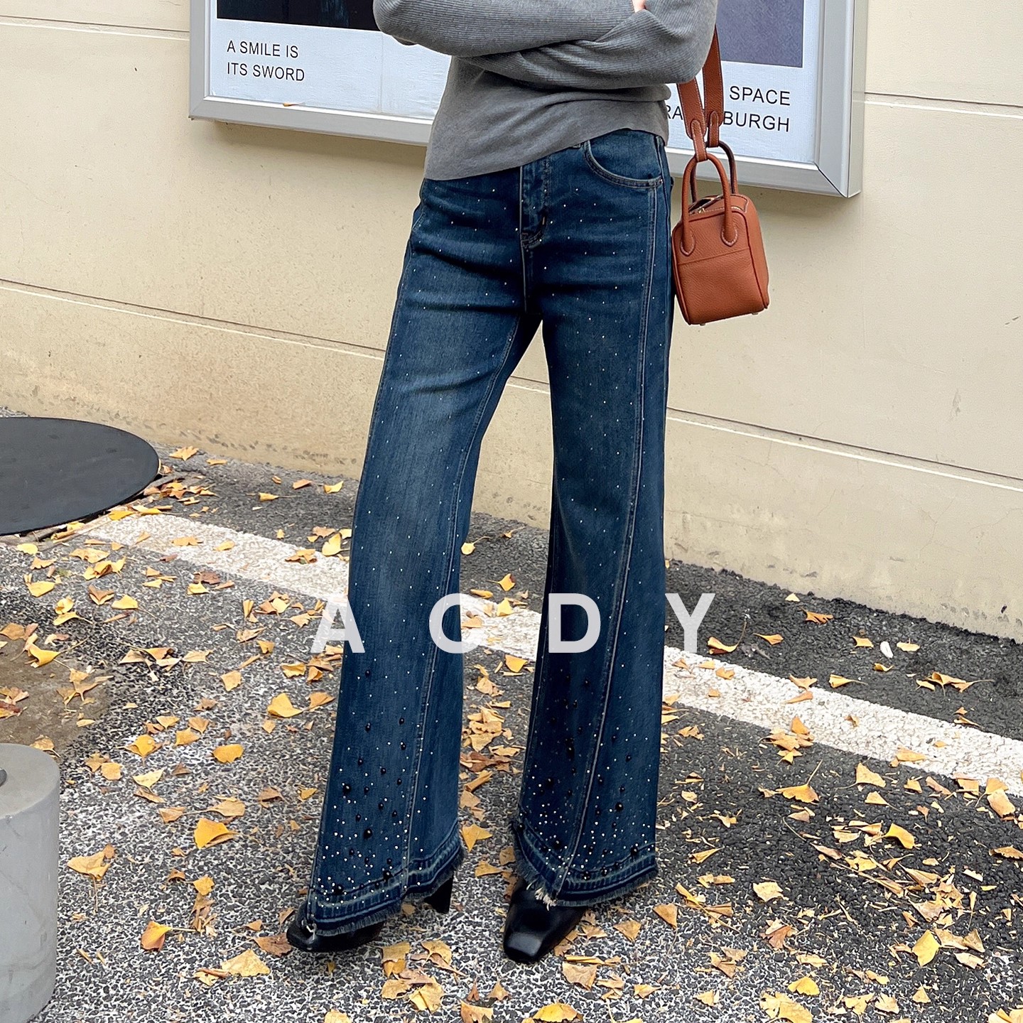 ACDY【名流华彩·许我耀眼】复古直筒牛仔裤女时尚气质亮钻长裤子