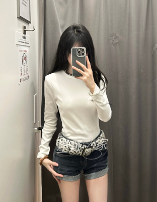 女装棉质柔软罗纹圆领T恤/长袖纯色基础款内搭简约474400