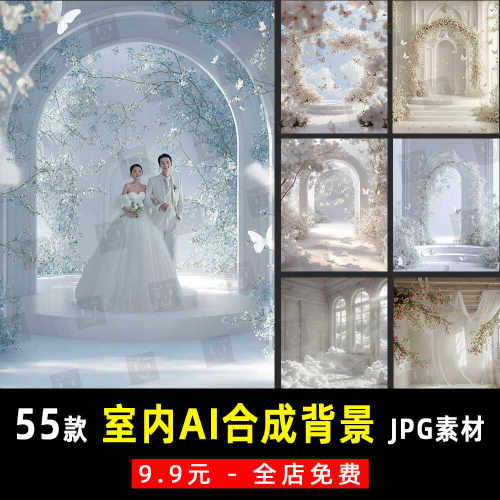薇拉美人纪室内梦幻花门婚纱照AI背景PS设计合成JPG素材模板 K938