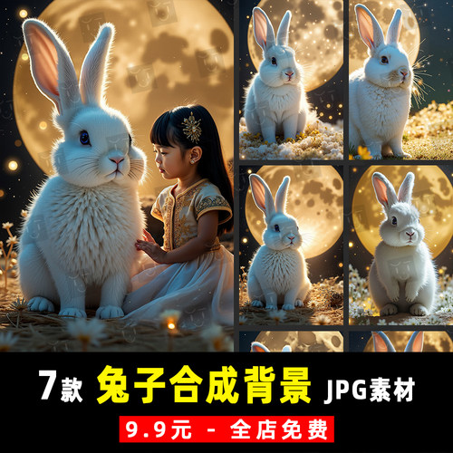中秋月亮饼嫦娥兔子汉服古装儿童写真照JPG合成背景素材模板 K968
